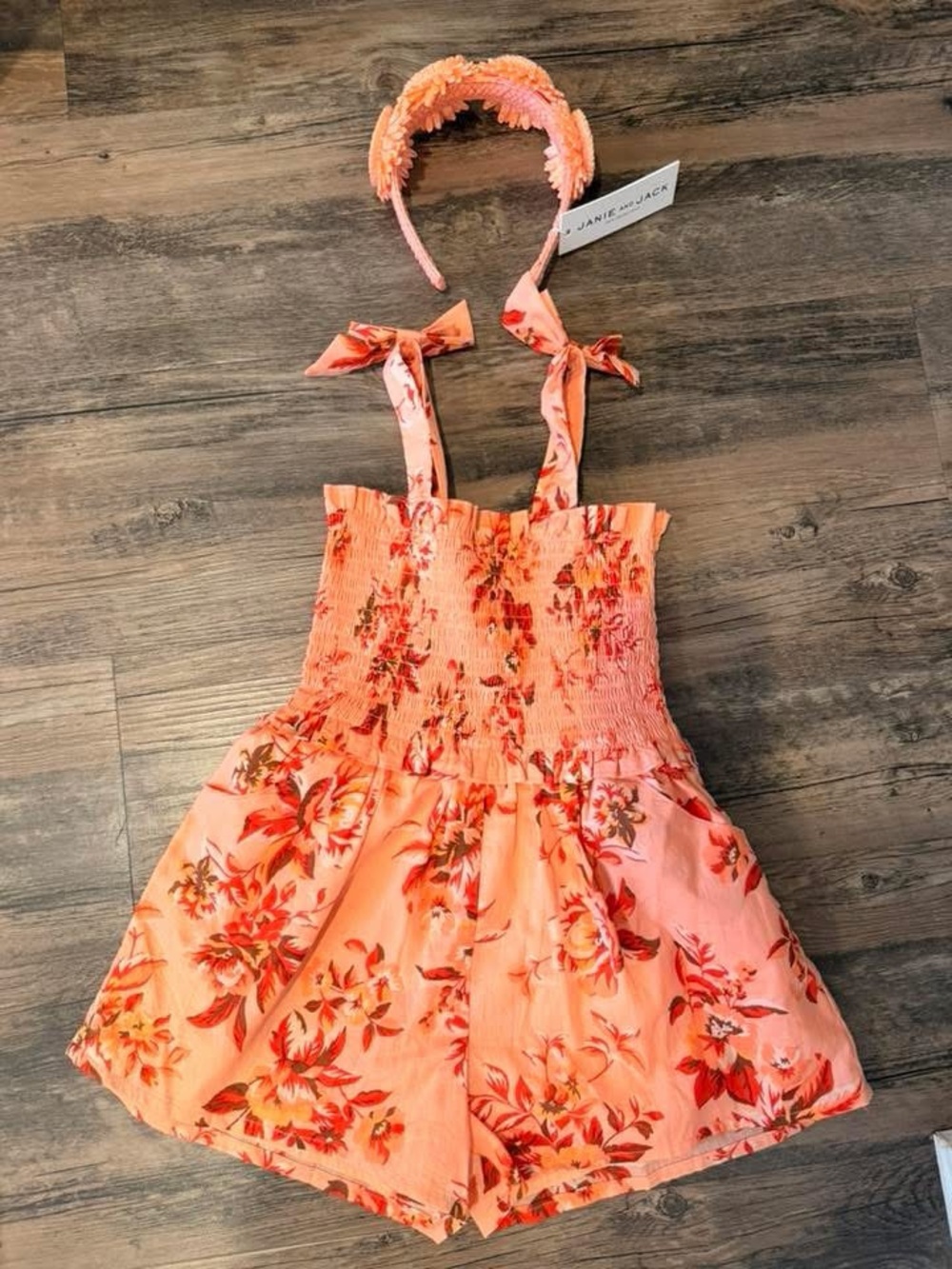 Janie and Jack Peach Floral Smocked Romper with Headband